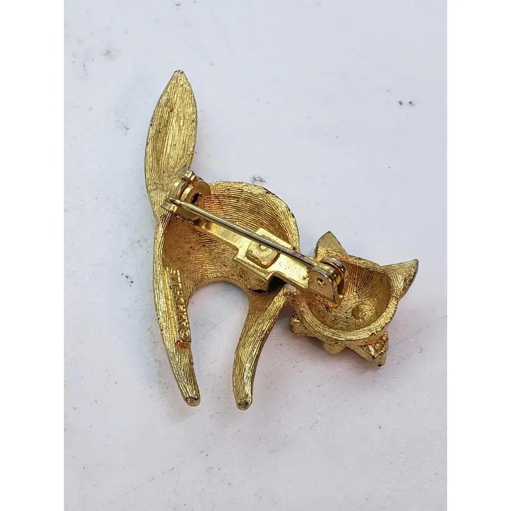 Vintage Mamselle Cat Brooch Pin Green Rhinestone Eyes 10 Gold Plated Signed
